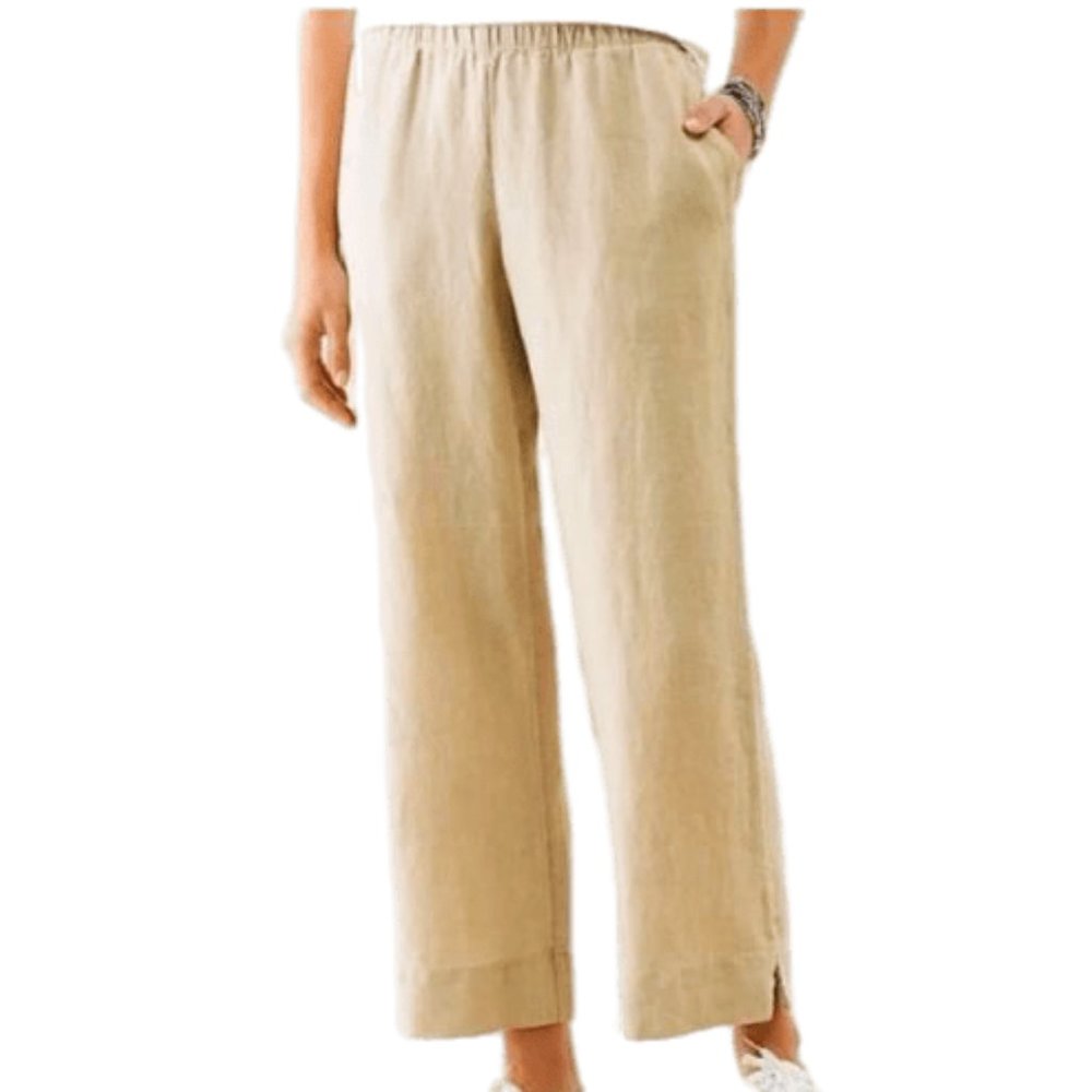J. Jill Love Linen Ecru Pants Crop Pockets Flat Front Pull On Wide Leg India L